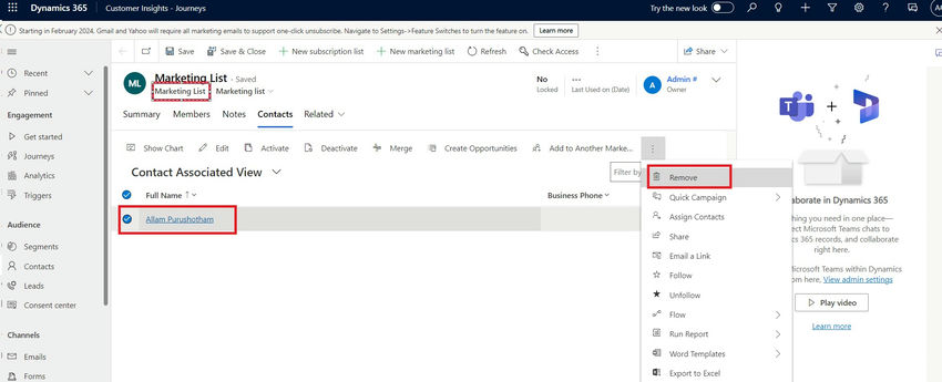 Marketing list remove